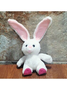 Russ Berrie White Plush Rabbit Toy Plush Pink Ears Feet Stuffed Animal